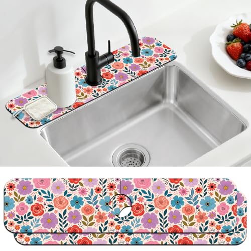 2 Pcs Kitchen Sink Splash Guard Faucet Mat Colorful Spring Flowers Faucet Mat for Sinks Absorbing Drying Mats for Kitchen Bathroom, 23.6x5.5inch - color: Spring Flowers
