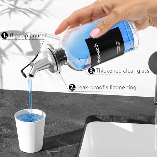 Moforoco Glass Mouthwash Dispenser with Toothbrush Holders, 11.8Oz Mouth Wash Bottle Container with Cup Holder, Funnel, Labels, and Drying Stone Tray, Bathroom Decor Accessories Set, Black