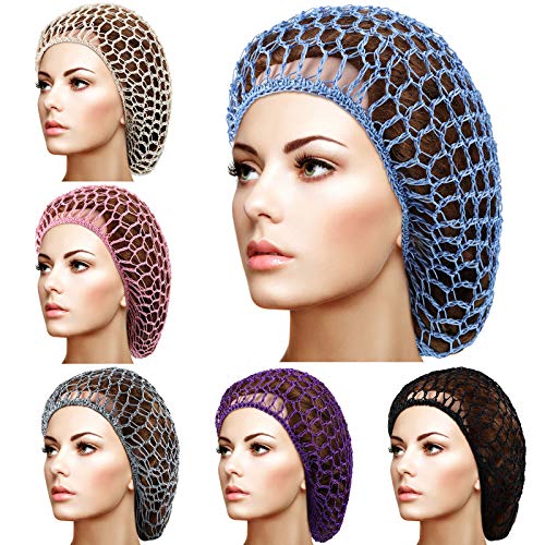 Geyoga 6 Pieces Hair Net Snoods for Women Sleeping Mesh Soft Rayon Knit Crochet Hairnet Long Short Curls Hair Cover Accessory (Black, Blue, Pink, Purple, Gray, Khaki) - color: Black, Blue, Pink, Purple, Gray, Khaki