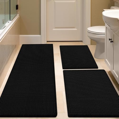 IM HOME Waffle Bath Mat Set 3 Piece Black,Woven Modern Bath Rug Mats, Absorbent Non Slip Bath Floor Mat, Soft Washable Boho Bath Rugs with Tassels for Bathroom, Bedroom, Kitchen,Tub - color: Black, size: 48′′×24′′+ 36′′×24′′+24′′×17′′