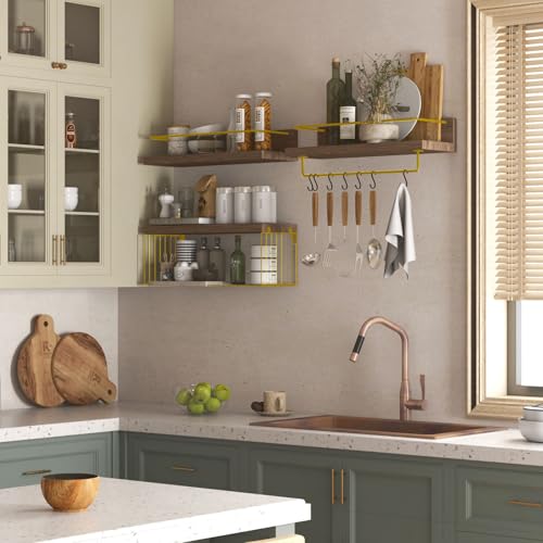 PopiShelves Bathroom Shelves Over Toilet for Wall, Floating Shelves with Storage Basket Paper Holer for Kitchen Living Room, Bedroom & Classroom, Set of 3 (Brown and Gold) - color: Brown and Gold, size: 15.7"