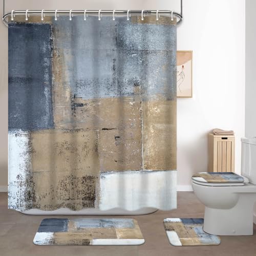 Lnond 4Pcs Bathroom Shower Curtain Sets with Rugs,Brown and Blue Painting Art Bathroom Sets with Shower Curtain and Rugs and Accessories - color: Blue Grey White Abstract-01