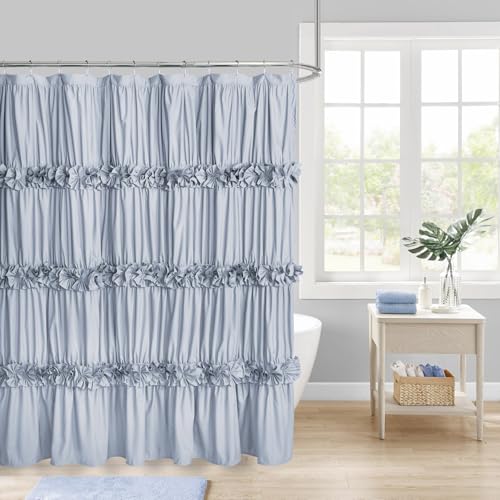 Homechoice Decor Fog Blue Ruffle Shower Curtain, Vintage Handcrafted Bow Tie Bath Curtain for Master Bathroom, Ruched Microfiber Bathroom Curtain with 12 Buttonholes, 72" W x 72" H (LQ-10) - color: Fog Blue, size: 72"W x 72"L (Each Curtain)