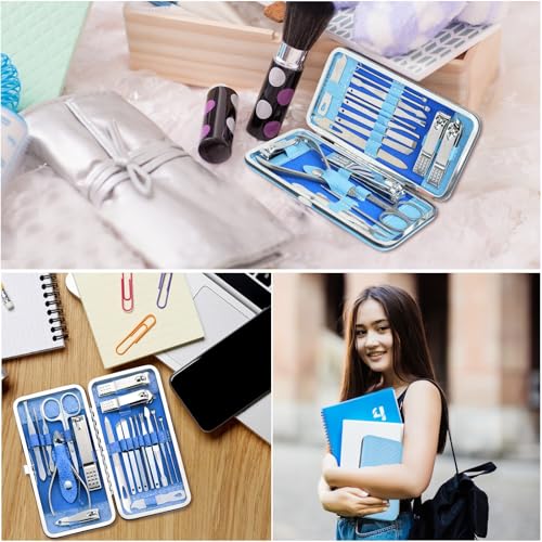 Manicure Set - 19 in 1 Professional Nail Clippers Pedicure Kit, Manicure Tool Kit, Stainless Steel Facial Grooming Set Kit, Gift Idea for Women, Men, Girls, Teens, Blue - color: Blue
