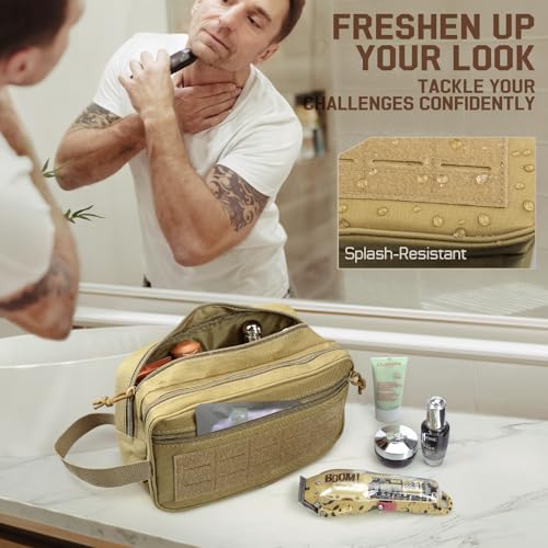 RXW EDC Toiletry Bag for Men, Tactical Dopp Kit, Molle Pouches Compact Travel Organizer for Shaving Shower, Hygiene, Grooming (Includes Dry/Wet Compartment & US Flag Patch) - color: Khaki