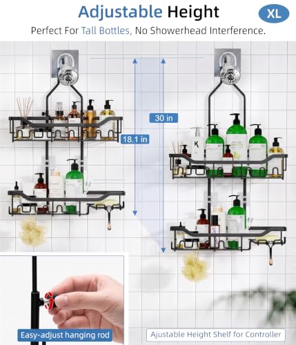 Shower Caddy Hanging Organizer, Extra Large Rack Over Showerhead with Hooks, Adjustable Height Shower Caddy for Big Shampoo Bottle, Black - color: Black - 2 Tier - XL