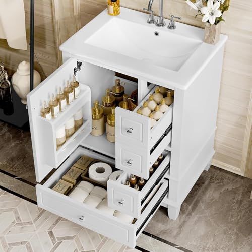 Linique 24" Modern Bathroom Vanity with Sink Combo Set, 3 Drawers, Soft Closing Door with Organizer, White - color: White, size: 24"/ Door with Organizer