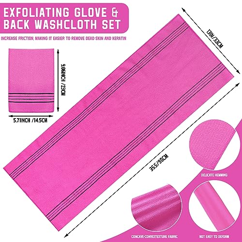 Hosuly 2 Pcs Korean Exfoliating Washcloth and Mitts Set Long Exfoliating Back Italy Towel Scrub Mitt Wash Cloth Scrubber for Women Men Shower Dead Skin Removing Dry Skin (Rose Red) - style: Rose Red