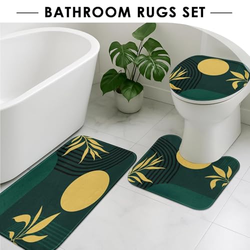 Boho Mid Century Shower Curtain Set with Toilet Lid Cover and Non-Slip Rugs, Abstract Geometric Dark Green 4 Pcs Modern Minimalist Shower Curtain for Bathroom Set with 12 Hooks - color: Boho Dark Green