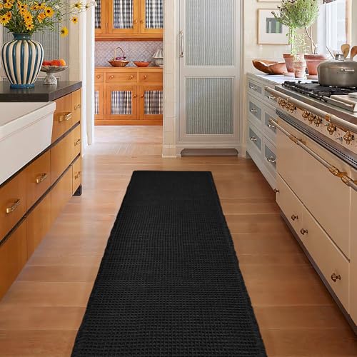 ZALL Waffle Bath Mat Black Super Absorbent Non Slip Bathroom Rug,Rhombus Geometric 24X72inch,Machine Washable Ultra Soft Floor Mats - color: Black, size: 24 x 72 inches(Rectangular)