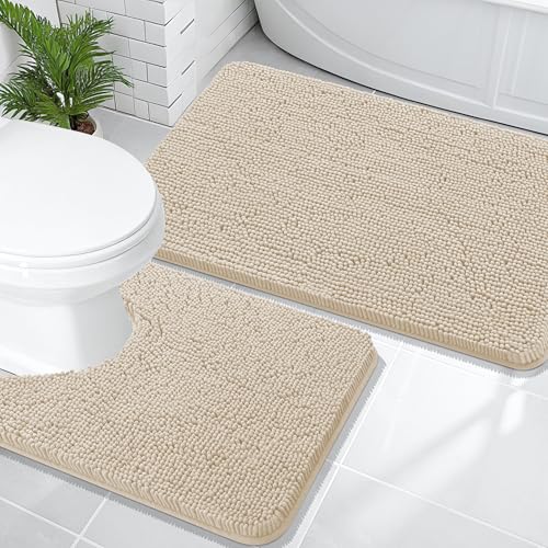OLANLY Bathroom Rugs Sets 2 Piece, Soft Absorbent Chenille Bath Mats and U-Shaped Contour Toilet Mat Area Rug Set, Machine Washable Bath Carpet, Home Decor Accessories(36"x24"+24"x20", Sand) - color: Sand, size: 36" X 24" + U24" X 20"