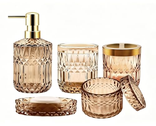 5Pcs Brown Bathroom Accessories Set, Glass Bathroom Accessories, Vintage Bathroom Countertop Decoration Includes Soap Dispenser, Toothbrush Holder, Qtip Holder,Soap Dish and Rinsing Cup - color: Brown, size: 5 Pcs