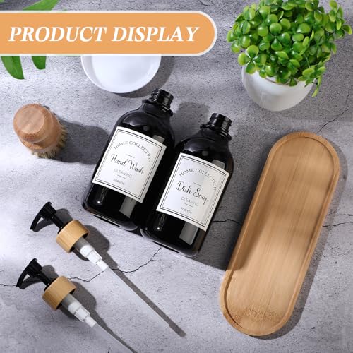 Zopeal 4 Pcs 16 oz Kitchen Soap Dispenser Set with Bamboo Tray and Dish Brush Plastic Soap Dispenser Set with Waterproof Labels for Hand Dish Lotion(Black) - color: Black