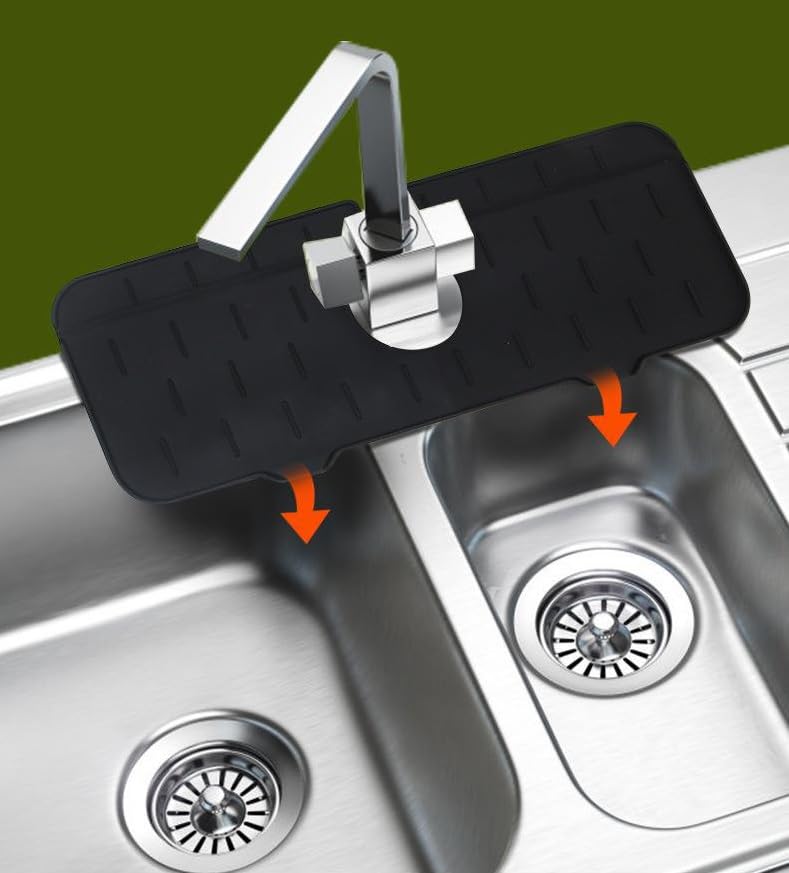 2Pcs Silicone Kitchen Sink Splash Guard Faucet Handle Drip Catcher Tray Mat For Kitchen Counter Bathroom Kitchen (Black) - color: Black