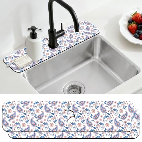 2 Pcs Kitchen Sink Splash Guard Faucet Mat Paisley Pattern Faucet Mat for Sinks Flower Absorbing Drying Mats for Kitchen Bathroom - color: Paisley Pattern