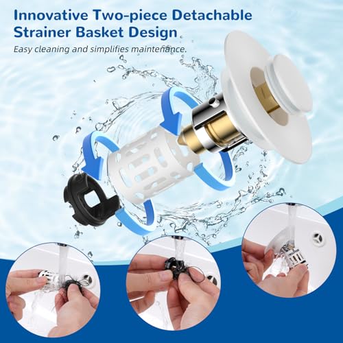 Hibbent Upgraded 3 in 1 Bathroom Sink Drain Strainer, Universal Pop Up Stopper with Removable Stainless Steel Filter Basket Hair Catcher, Sink Plug for 1.1''~2.36'' Basin, Brass Bullet Core, White - color: White