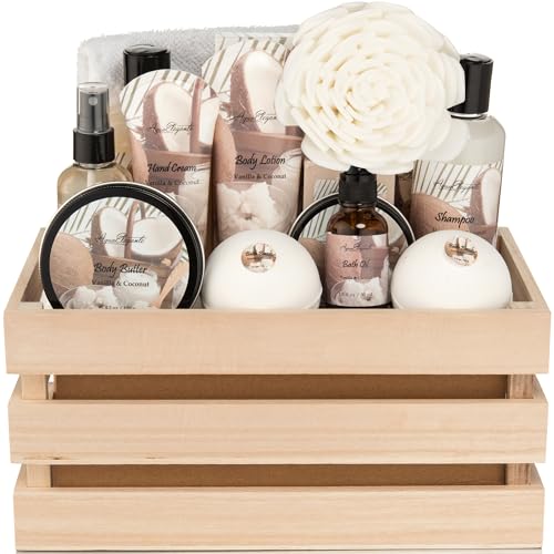 Aqua Elegante Full Spa Gift Set - 15 Piece Premium Bath Basket with Wash, Bubbles, Lotion, Salts, Body Scrub, Towel, Shower Puff, Bathbombs, Reusable Basket, Gifts for Women - Coconut & Vanilla - size: 15 Piece Set