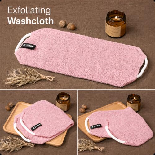 Yiclick Exfoliating Washcloth Towel with Handle, Back Scrubber for Shower, Exfoliating Body Scrubber Exfoliator, Japanese Wash Cloth for Body Scrub, Bath Sponge Loofah Luffa Washer Exfoliator - color: Blush