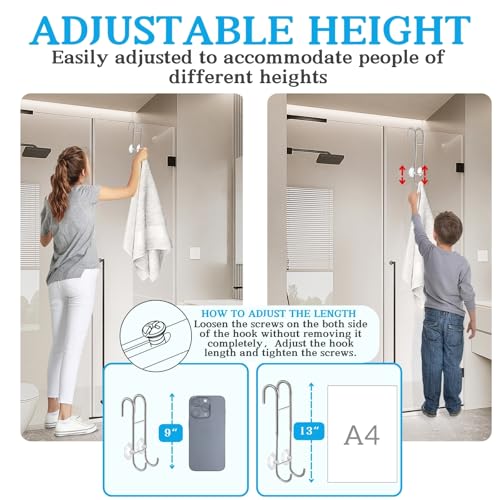 Shower Door Towel Hooks (2-Pack), 9"~13" Length Adjustable Hook for Framed & Frameless Over the Door Glass, Squeegee Holder, Towels Hanger for Bath Suits Rozer Robes Loofahs Shavers, Silver | Fit for Frameless & Framed Doors, Anti-Scratch, Rustproof Towel