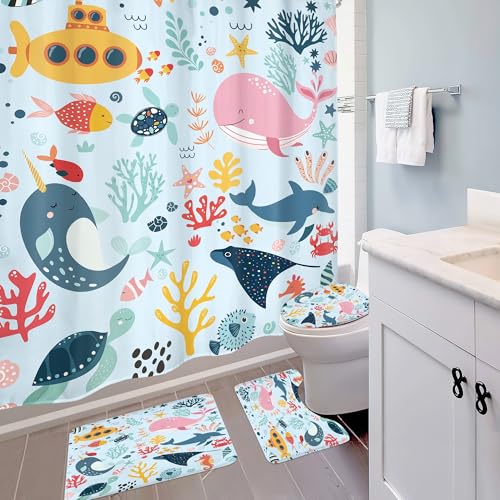 4 PCS Blue Kids Bathroom Set Summer Ocean 72Wx72H Shower Curtain Set Bath Rug Toilet Lid Cover Nonslip U Shape Mat Whale Funny Cartoon Cute Animal Resistant Accessories 12 Hooks Bathroom Decor - color: A 02 Blue, size: 72"W x 72"L (Pack of 4)