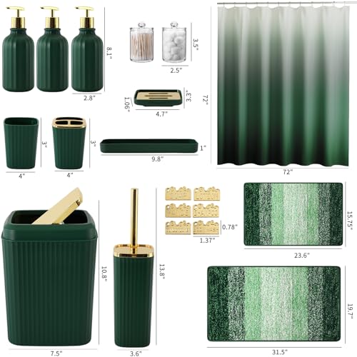 32PCS Bathroom Set Bathroom Sets with Shower Curtain and Rugs Hunter Green Bathroom Accessories,Shower Curtain Set,Bathroom Rug Set with Bathroom Trash Can - size: Bath Set+Gradient Shower Curtain+Bath Rugs, style: Dark Green