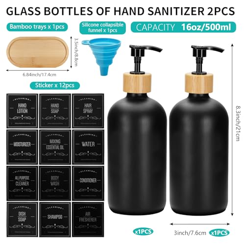2 Pack 16 Oz Glass Soap Dispenser Set with Tray and Sticker, Hand Dish Soap Dispenser Set for Bathroom and Kitchen Bottle Dispenser with Dish Soap, Hand Soap, Lotion Sticker (Black) - color: Black