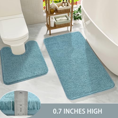 HOMORE Bathroom Rug Set 2 Piece, Soft Absorbent Bath Mats Set,Machine Washable Spa Blue Bath Rug Sets for Bathroom Non Slip,(21"x34"+21"x21") Plush Shaggy U Shape Contour Toilet - color: Spa Blue