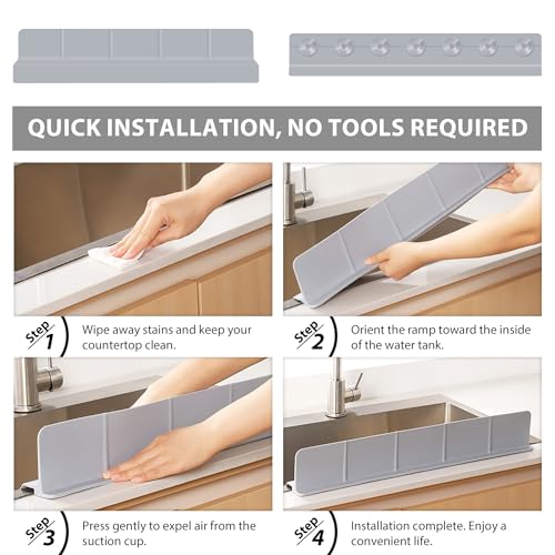 23Inch Sink Splash Guard – Extended Length & Tall Silicone Kitchen Sink Splash Guard with Overhang Drainage Design, High Splash Wall & Strong Suction Cups for Countertop (Grey, 23''x3.5'') - color: Gray, size: 23''x3.5''