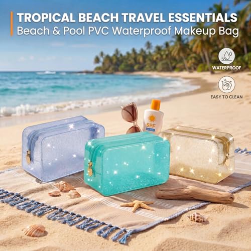 RSRSLEII Stardust Twinkle Jelly Travel Makeup & Toiletry Bag, Waterproof PVC Cosmetic Bag/Case for Women，Zipper SPF Beach Bag for Sunscreen Skincare and Daily Essentials (09Light Blue) - color: 09Light Blue