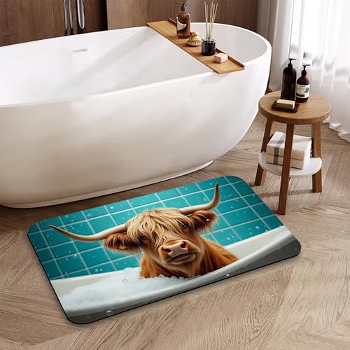 Funny Highland Cow Bathroom Rugs, Fast-Absorbing Bath Mat, Quick-Dry Non-Slip Thin Rug for Bathroom Floor Kitchen 17"x30" - color: Funny Highland Cow