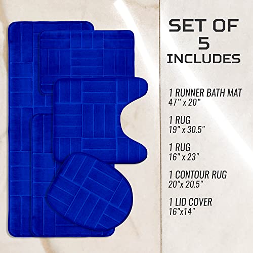 Bathroom Rug Set 5 Piece - Memory Foam Bathroom Mat Set, Soft and Comfortable, Non-Slip Thick Absorbent Bath Mats, Machine Washable, Royal Blue - color: Royal Blue/ Line Design
