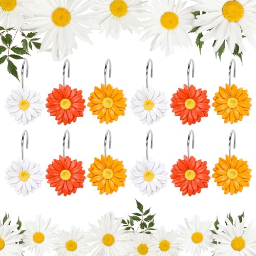 Whaline 12 Pcs Daisy Flower Shower Curtain Hooks Floral Shower Rod Rings Decorative Resin Curtain Hanger Hooks for Spring Summer Living Room Bedroom Bathroom Decor - color: Orange White