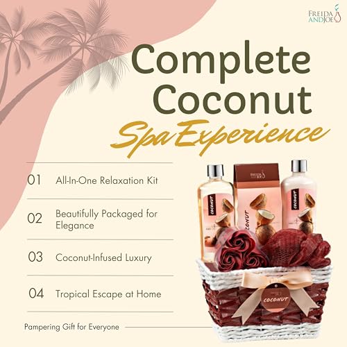 Coconut Spa with Wicker Gift Basket Bath & Body Set, Pink & Brown | Shower Gel, Body Lotion, Bath Salts, Soap Flowers, Wicker Basket
