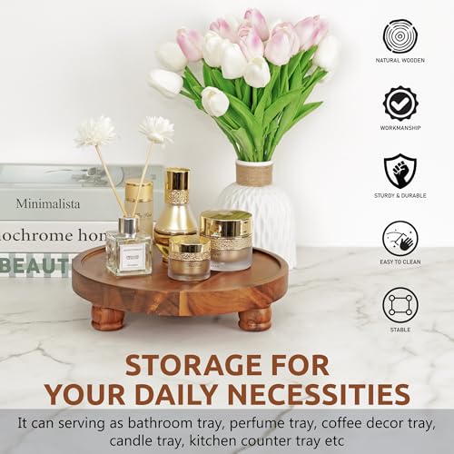 Demigo Acacia Wood Round Tray, 10 in Pedestal Riser Stand for Plant Decor | Farmhouse Countertop Display Board for Soap, Perfume, Candle, Bathroom & Kitchen Organizer Plate - color: Brown