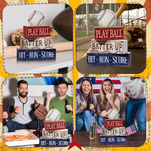 Yuntau 4 Pcs Baseball Decorations Sport Stacked Wooden Sign Baseball Centerpieces for Tables Tiered Tray Decor Decorative Block Sign for Summer Nights Boys Room Shelf Fans Coffee Gifts - style: Baseball