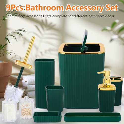 Bathroom Accessory Set,9 Pieces Dark Green Bathroom Accessories Set with Trash Can, Toothbrush Holder, Soap Dispenser, Toothbrush Cup, Vanity Tray, Soap Dish, Toilet Brush, Qtip Holder - color: Darkgreen