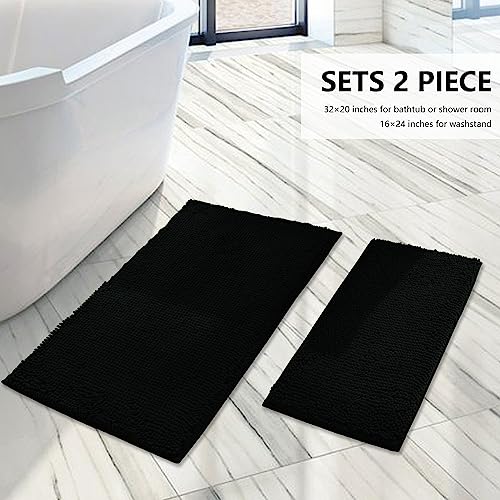 Bathroom Rugs Sets 2 Piece, Extra Soft Chenille Bath Mat Ultra Absorbent Bathroom Rug, Bathroom Mat with Sturdy PVC Non-Slip Bottom, Machine Washable Bath Rugs (20x32 Inch + 16x24 Inch, Black) - color: Black, size: 16" x 24" + 20" x 32" (Rectangular)