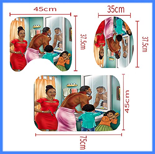 The Family Theme 4Pcs Kids Shower Curtain Set with Non-Slip Rugs and Toilet Lid Cover African Couple Black Girl Fabric Shower Curtain Bathroom Decor with Hooks Waterproof Washable 72"x72" - color: Pink Green