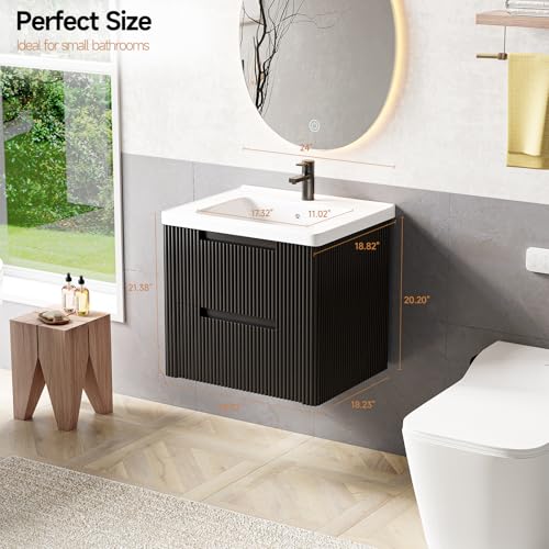 ONBRILL Modern Bathroom Vanity with Sink Combo, Curved Floating Bath Vanity with 2 Drawers, Wall Mount Bathroom Vanities with Integrated Ceramic Sink for Small Space, Apartment (Black, 24") - color: Black, size: 24"
