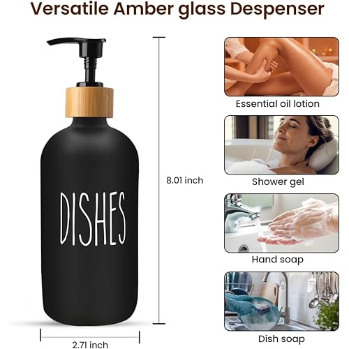 Sunrise Premium 16 OZ Thick Black Glass Soap Dispenser, Bamboo Pump with Tray 2 Pack, Hand and Dish Soap Dispenser Set for Bathroom with 6 Waterproof Labels - color: Bamboo Pump With Tray - Black Glass