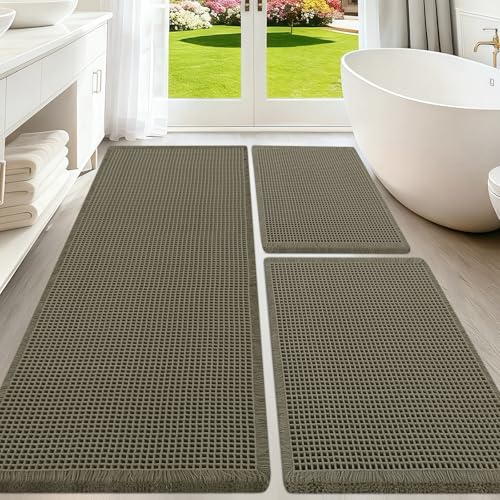 Upgraded Waffle Bath Mat Set 3 Piece Greyish Green, Super Absorbent Non-Slip Quick Dry Bathroom Rugs with Tassels, Machine Washable Ultra Soft Boho Bath Rugs for Floor, Bath Mats Boho Farmhouse Decor - color: Greyish Green, size: 48"x24"+36"x24"+24"x17"