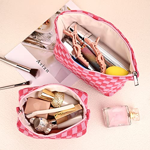 SOIDRAM 2 Pieces Makeup Bag Large Checkered Cosmetic Bag Capacity Canvas Mix Travel Toiletry Bag Organizer Cute Makeup Brushes Aesthetic Accessories Storage Bag for Women, Checkered Mix Rose Red - color: Rose red