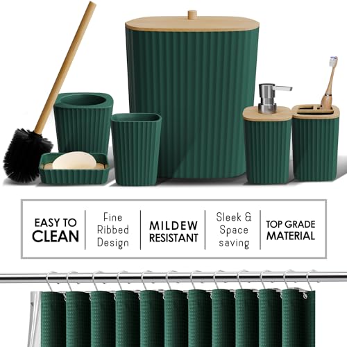 Clara Clark Bathroom Accessories Set - Bathroom Set with Adhesive Corner Shower Caddy Hanging, 25PC Bathroom Accessory Set, Hunter Green Shower Curtain Set, Toilet Brush, Trash Can & Soap Dispenser - color: Hunter Green, size: Complete Set + Shower Caddy