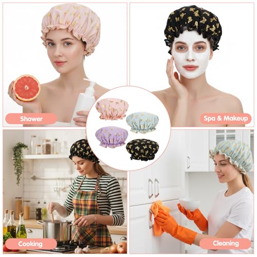 Yuanchu 4 Pcs Waterproof Shower Caps for Women, Elastic Band Bath Caps Reusable Shower Hat Double Layer Shampoo Cap for Washing Hair Bathing SPA Makeup Cooking