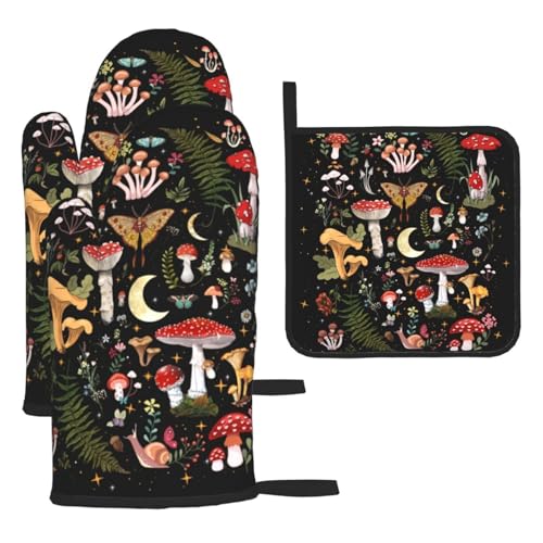 Mushroom Oven Mitts and Pot Holders Sets, Heat Resistant Black Hot Pads Witchy Oven Gloves for Cooking Grilling Baking Kitchen Decor Aesthetic, Witchy Gifts for Women,Mushroom Gifts for Women - color: Mushroom Moth