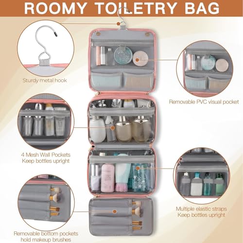 Elviros Hanging Travel Toiletry Bag for Women, 3-in-1 Large Makeup Bag and Cosmetic Organizer, Vegan Leather Waterproof Skincare Case for Travel Size Toiletries and Accessories, Gift for Women - color: Cherry Blossom Pink, size: 1 Pack