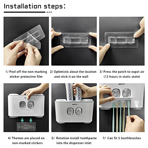 Toothbrush Holder WREWING Multi-Function Wall-Mounted Automatic Toothpaste Dispenser and Dust-Proof Toothbrush Holder with 5 Brush Slots 4 Cups 2 Automatic Toothpaste Dispensers 1 Storage Slot (Grey) - color: Grey