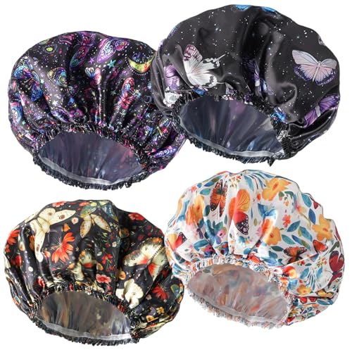 Shower Cap for Women,4 PCS Elastic and Reusable Bath Caps, Double Layers Shower Caps Reusable Waterproof, Bathing Shower Caps, Environmental Bath Hair Protection Cap - Butterfly B - color: Butterfly B