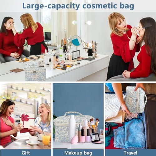 Gosect Large Makeup Bag, Cute Cosmetic Bag for Women Girls, Floral Coquette Aesthetic Toiletry Bag, Travel Make Up Organizer Bag (BDLH) - color: 08Blue Flower