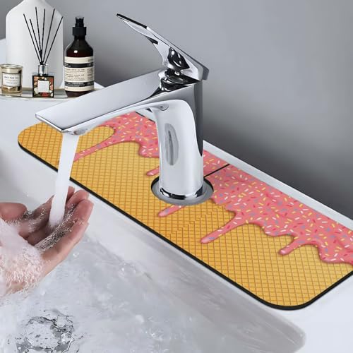 Ice Cream Waffle Cherry Flavor Yummy Summer Dessert 15" X 5.5" Kitchen Sink Splash Guard Faucet Faucet Guard Draining Mat Sink Splash Guard Faucet Kitchen Bathroom - color: Ice Cream Waffle Cherry Flavor Yummy Summer Dessert